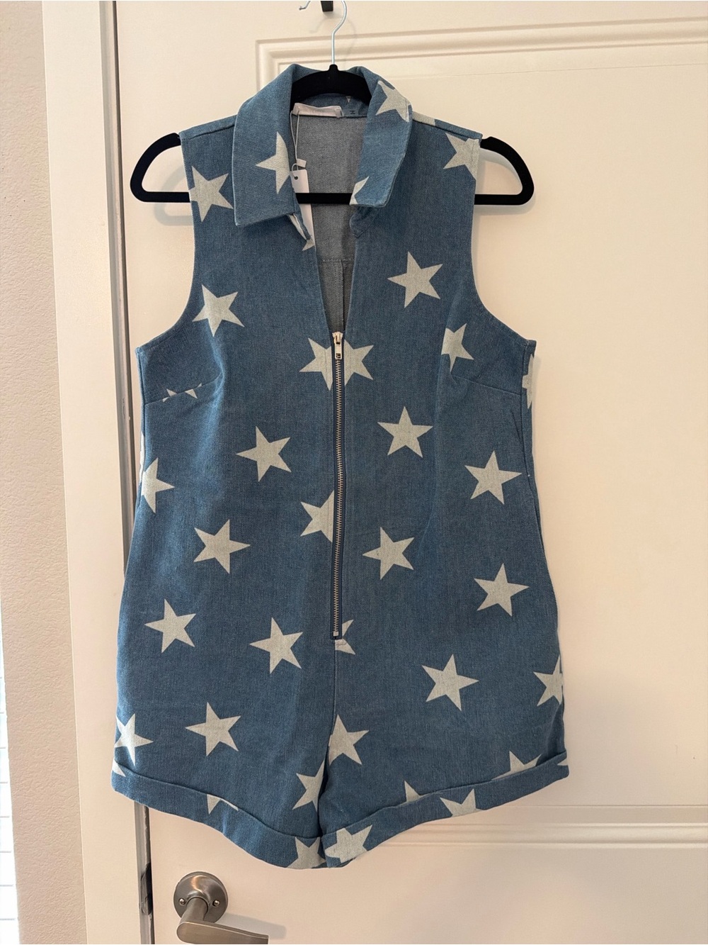Sleeveless Blue Star-Print Denim Romper